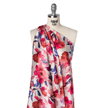 Silk Charmeuse Print 16MM, Made in Italy - White, Bright Pink and Blue Blooming Roses