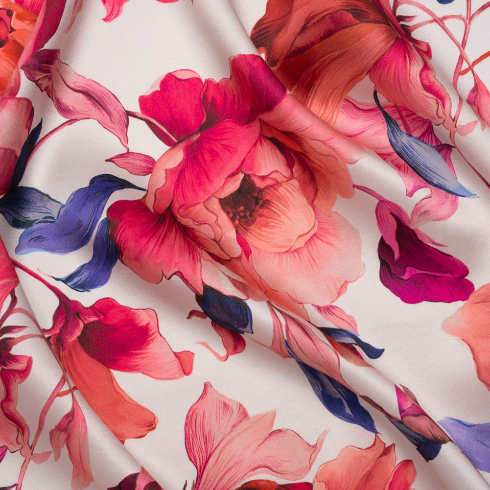 Silk Charmeuse Print 16MM, Made in Italy - White, Bright Pink and Blue Blooming Roses