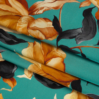 Silk Charmeuse Print 16MM, Made in Italy - Teal, Earthy Orange and Charcoal Blooming Roses