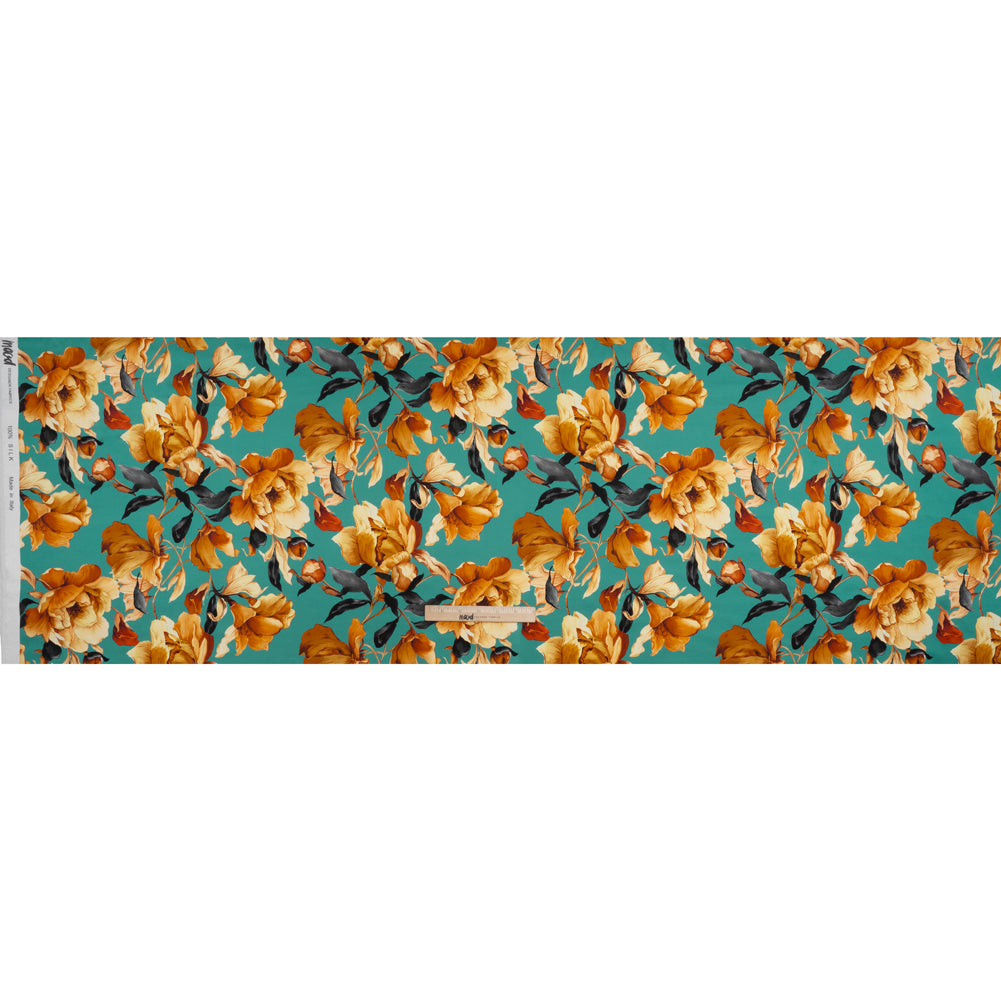 Silk Charmeuse Print 16MM, Made in Italy - Teal, Earthy Orange and Charcoal Blooming Roses