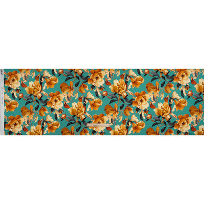 Silk Charmeuse Print 16MM, Made in Italy - Teal, Earthy Orange and Charcoal Blooming Roses