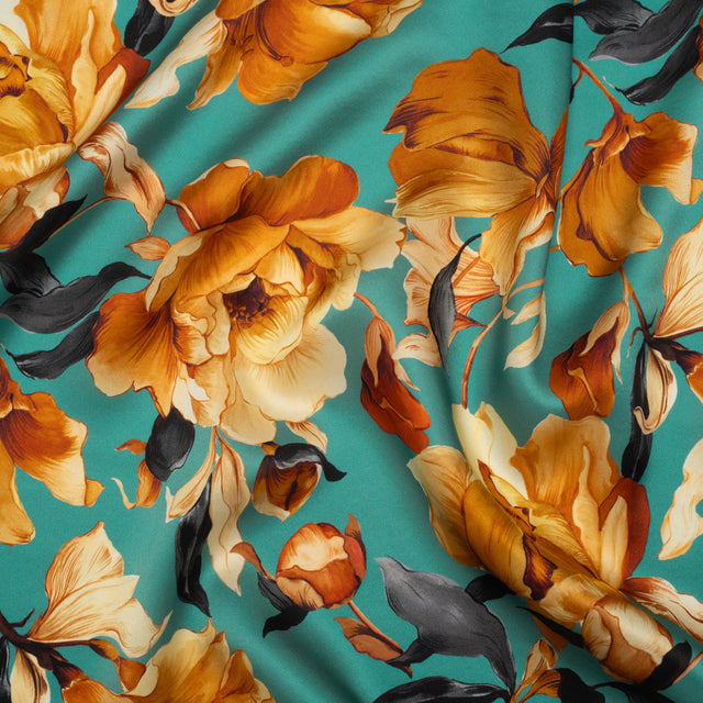 Silk Charmeuse Print 16MM, Made in Italy - Teal, Earthy Orange and Charcoal Blooming Roses