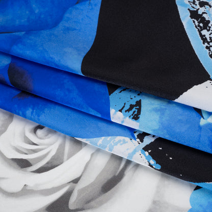 Silk Charmeuse Print 16MM, Made in Italy - Blue, White and Black Rose Bouquet