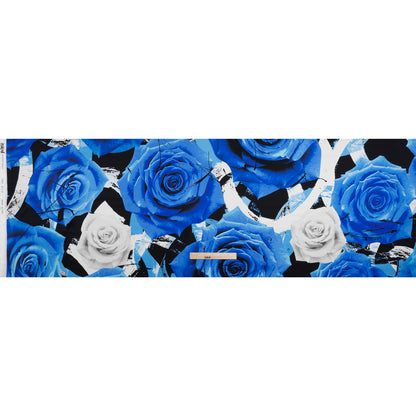 Silk Charmeuse Print 16MM, Made in Italy - Blue, White and Black Rose Bouquet