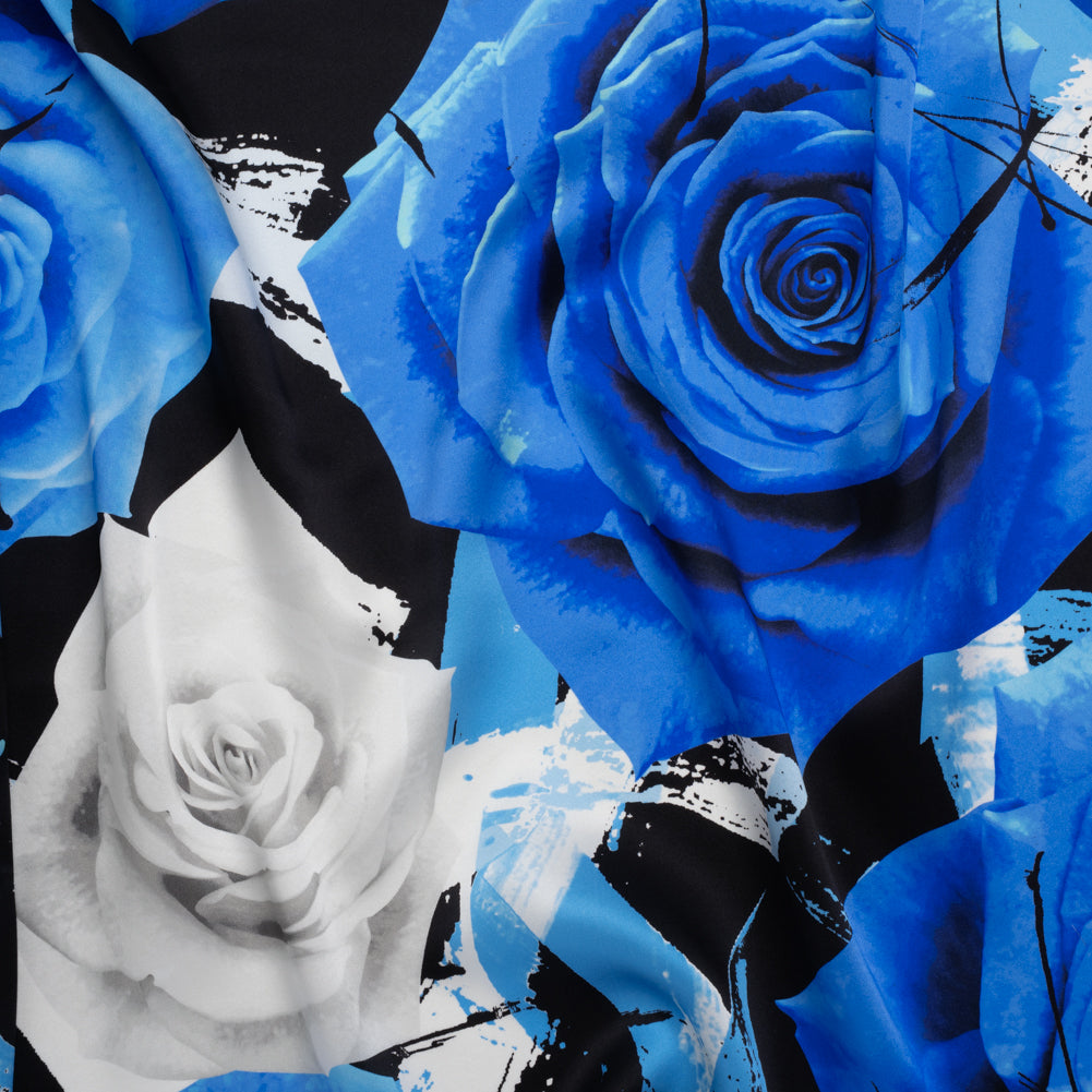 Silk Charmeuse Print 16MM, Made in Italy - Blue, White and Black Rose Bouquet