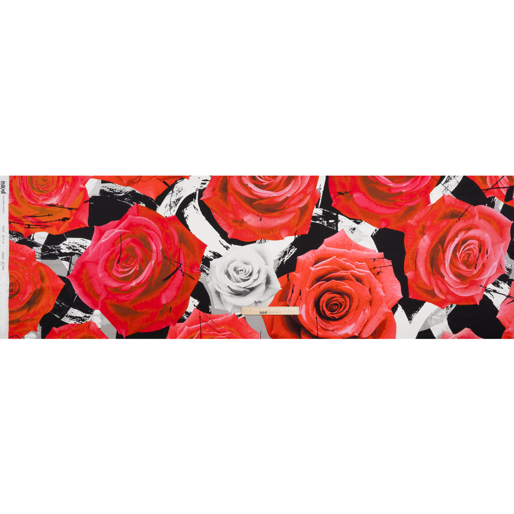 Silk Charmeuse Print 16MM, Made in Italy - Red, White and Black Rose Bouquet