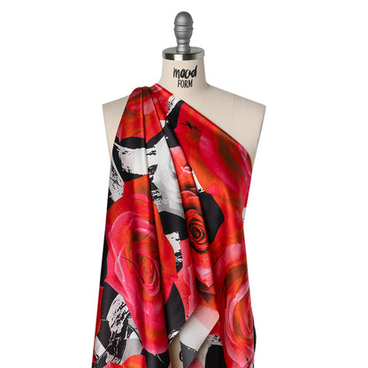 Silk Charmeuse Print 16MM, Made in Italy - Red, White and Black Rose Bouquet