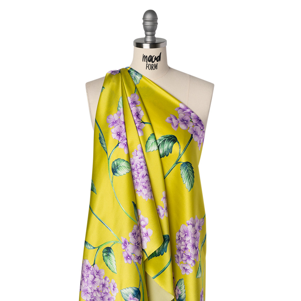 Silk Charmeuse Print 16MM, Made in Italy - Chartreuse and Lilac Hydrangeas