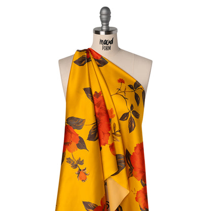 Silk Charmeuse Print 16MM, Made in Italy - Golden Yellow and Red Scattered Roses