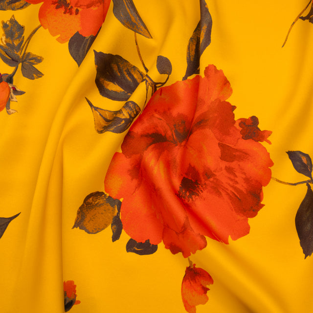 Silk Charmeuse Print 16MM, Made in Italy - Golden Yellow and Red Scattered Roses