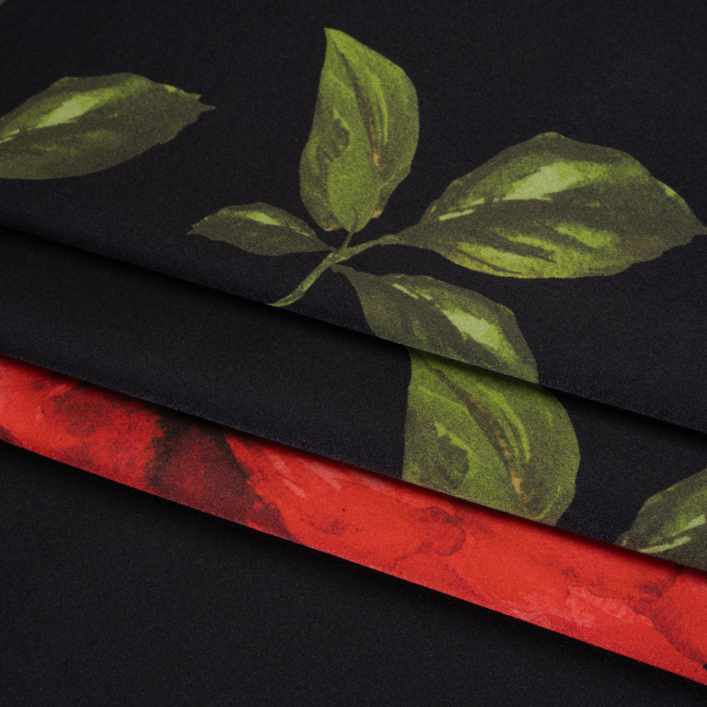 Silk Charmeuse Print 16MM, Made in Italy - Black and Red Scattered Roses