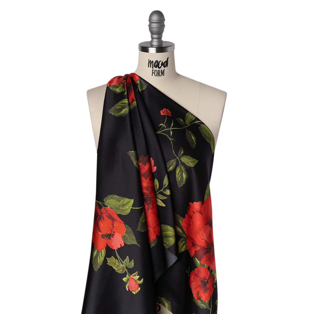 Silk Charmeuse Print 16MM, Made in Italy - Black and Red Scattered Roses