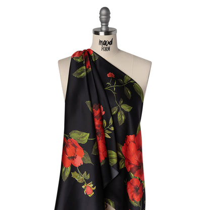 Silk Charmeuse Print 16MM, Made in Italy - Black and Red Scattered Roses