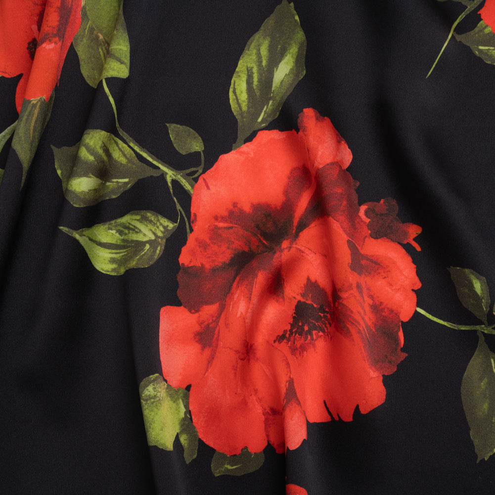 Silk Charmeuse Print 16MM, Made in Italy - Black and Red Scattered Roses