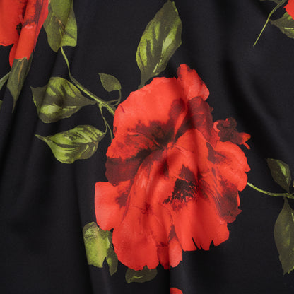 Silk Charmeuse Print 16MM, Made in Italy - Black and Red Scattered Roses
