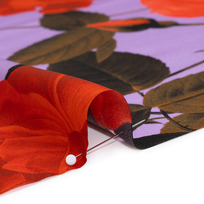 Silk Charmeuse Print 16MM, Made in Italy - Lavender, Red and Olive Green Roses and Stems