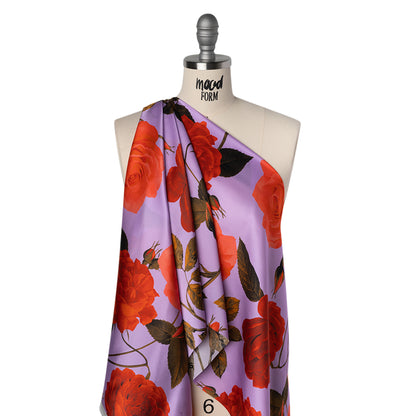 Silk Charmeuse Print 16MM, Made in Italy - Lavender, Red and Olive Green Roses and Stems