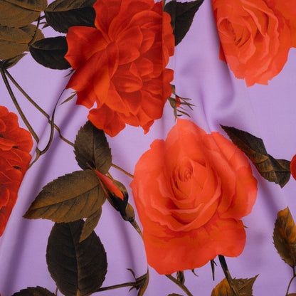 Silk Charmeuse Print 16MM, Made in Italy - Lavender, Red and Olive Green Roses and Stems