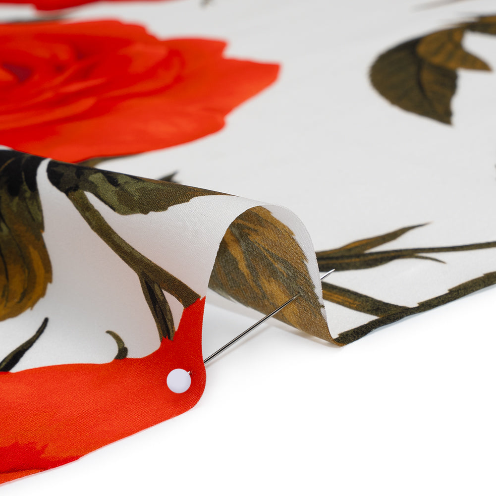 Silk Charmeuse Print 16MM, Made in Italy - White, Red and Olive Green Roses and Stems