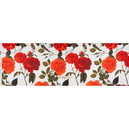 Silk Charmeuse Print 16MM, Made in Italy - White, Red and Olive Green Roses and Stems