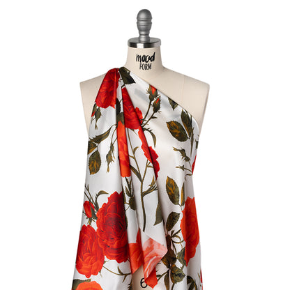 Silk Charmeuse Print 16MM, Made in Italy - White, Red and Olive Green Roses and Stems