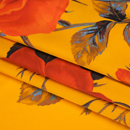 Silk Charmeuse Print 16MM, Made in Italy - Golden Yellow, Red and Olive Green Roses and Stems