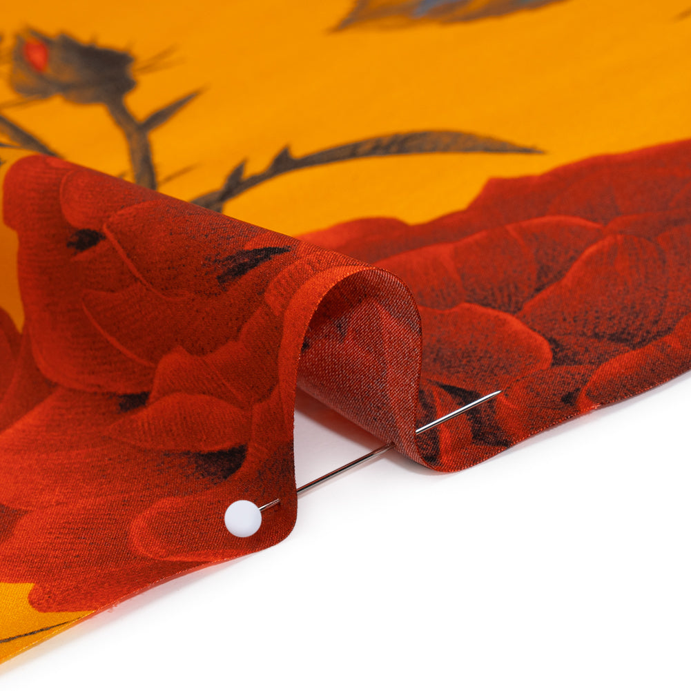 Silk Charmeuse Print 16MM, Made in Italy - Golden Yellow, Red and Olive Green Roses and Stems