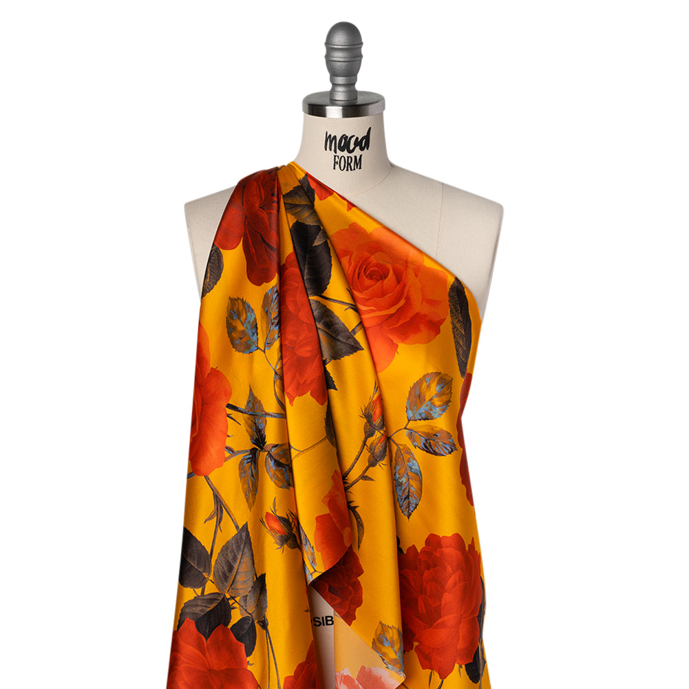 Silk Charmeuse Print 16MM, Made in Italy - Golden Yellow, Red and Olive Green Roses and Stems