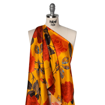 Silk Charmeuse Print 16MM, Made in Italy - Golden Yellow, Red and Olive Green Roses and Stems