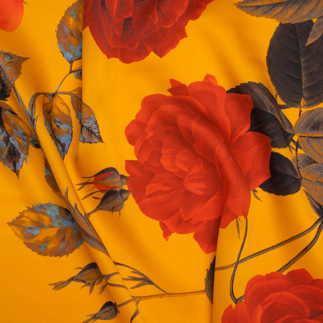 Silk Charmeuse Print 16MM, Made in Italy - Golden Yellow, Red and Olive Green Roses and Stems