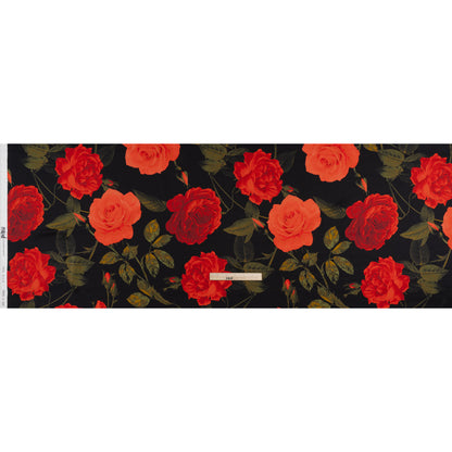Silk Charmeuse Print 16MM, Made in Italy - Black, Red and Olive Green Roses and Stems