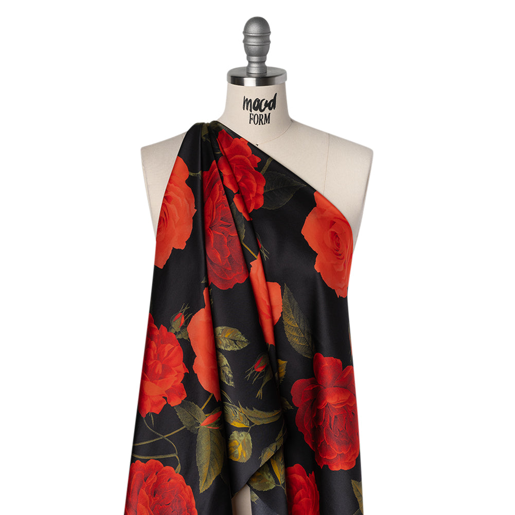 Silk Charmeuse Print 16MM, Made in Italy - Black, Red and Olive Green Roses and Stems
