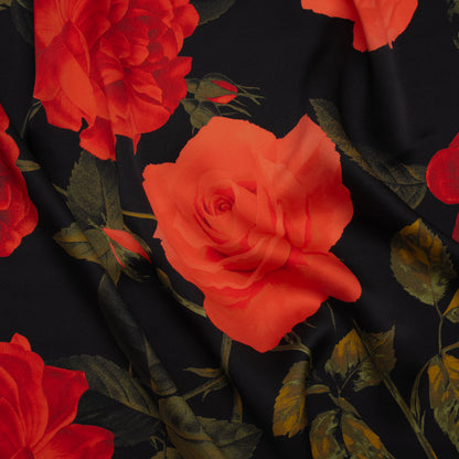 Silk Charmeuse Print 16MM, Made in Italy - Black, Red and Olive Green Roses and Stems