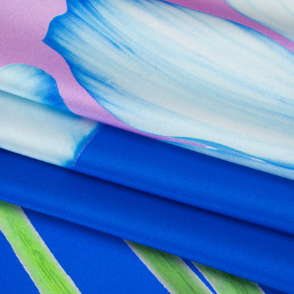Silk Charmeuse Panel 16MM, Made in Italy - Blue, Pink and Peach Flowers and Ombre