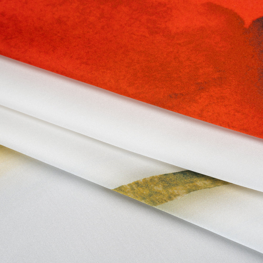Silk Charmeuse Panel 16MM, Made in Italy - Red, Green and White Watercolor Rose