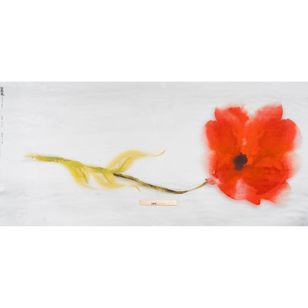 Silk Charmeuse Panel 16MM, Made in Italy - Red, Green and White Watercolor Rose