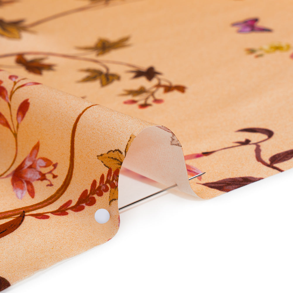Silk Charmeuse Print 16MM, Made in Italy - Peach Ombre with Pink and Brown Floral Borders