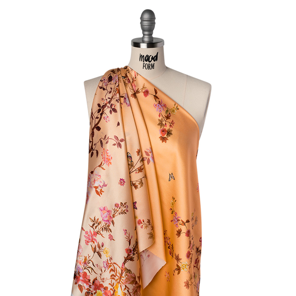 Silk Charmeuse Print 16MM, Made in Italy - Peach Ombre with Pink and Brown Floral Borders
