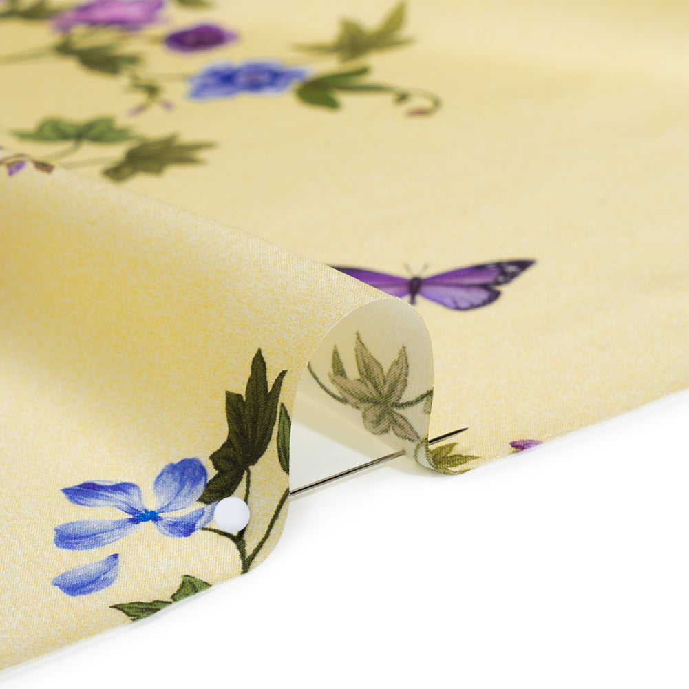 Silk Charmeuse Print 16MM, Made in Italy - Yellow Ombre with Purple and Blue Floral Borders
