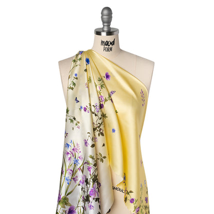 Silk Charmeuse Print 16MM, Made in Italy - Yellow Ombre with Purple and Blue Floral Borders