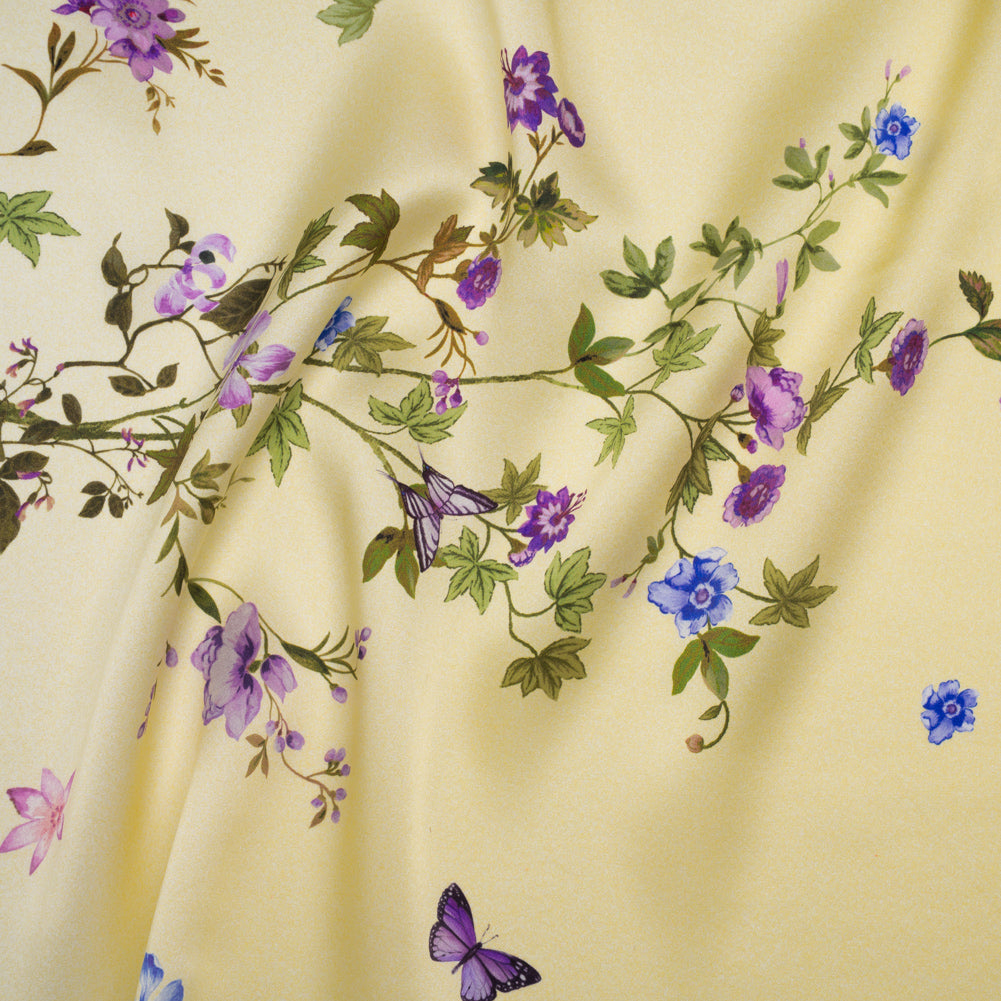 Silk Charmeuse Print 16MM, Made in Italy - Yellow Ombre with Purple and Blue Floral Borders