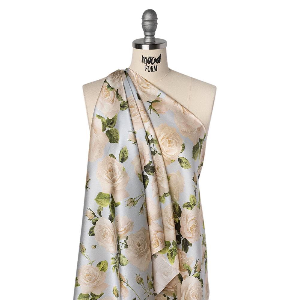 Silk Charmeuse Print 16MM, Made in Italy - Pale Blue, White and Green Bunches of Roses