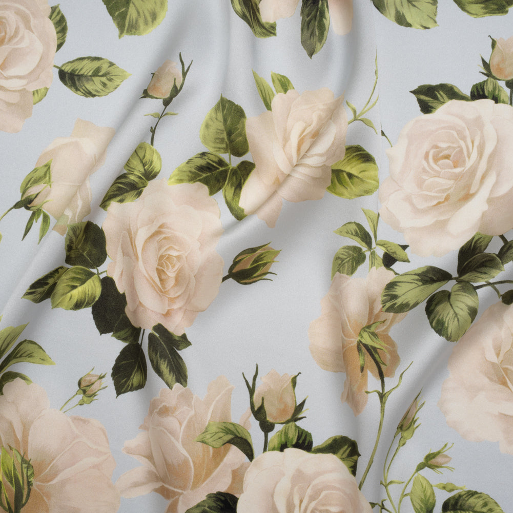 Silk Charmeuse Print 16MM, Made in Italy - Pale Blue, White and Green Bunches of Roses