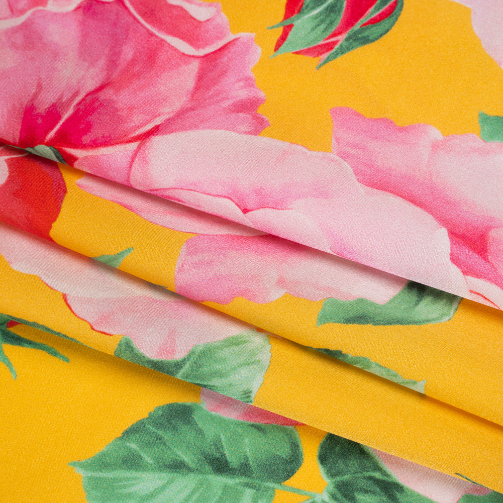 Silk Charmeuse Print 16MM, Made in Italy - Yellow, Pink and Green Bunches of Roses