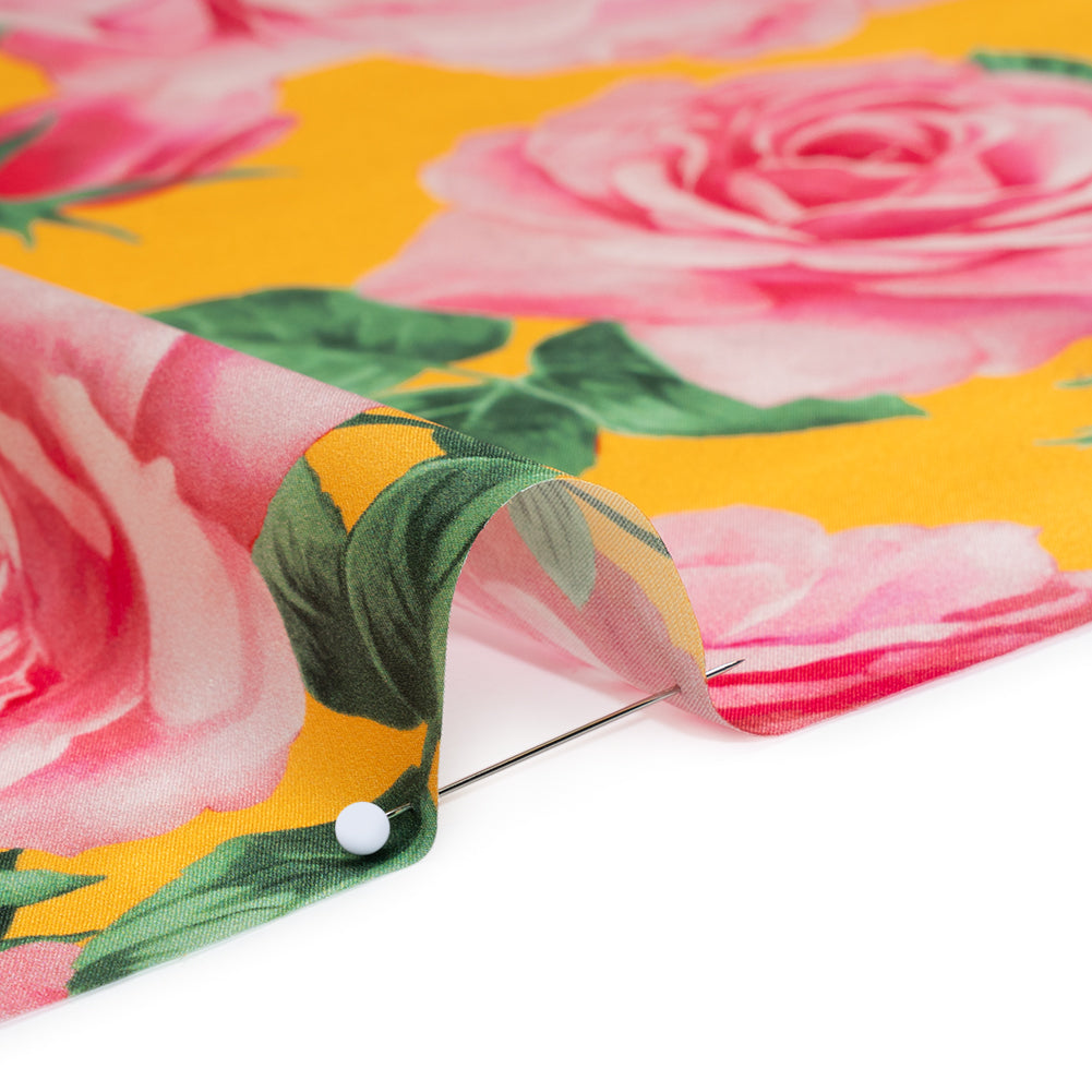 Silk Charmeuse Print 16MM, Made in Italy - Yellow, Pink and Green Bunches of Roses