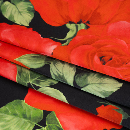 Silk Charmeuse Print 16MM, Made in Italy - Black, Red and Green Bunches of Roses