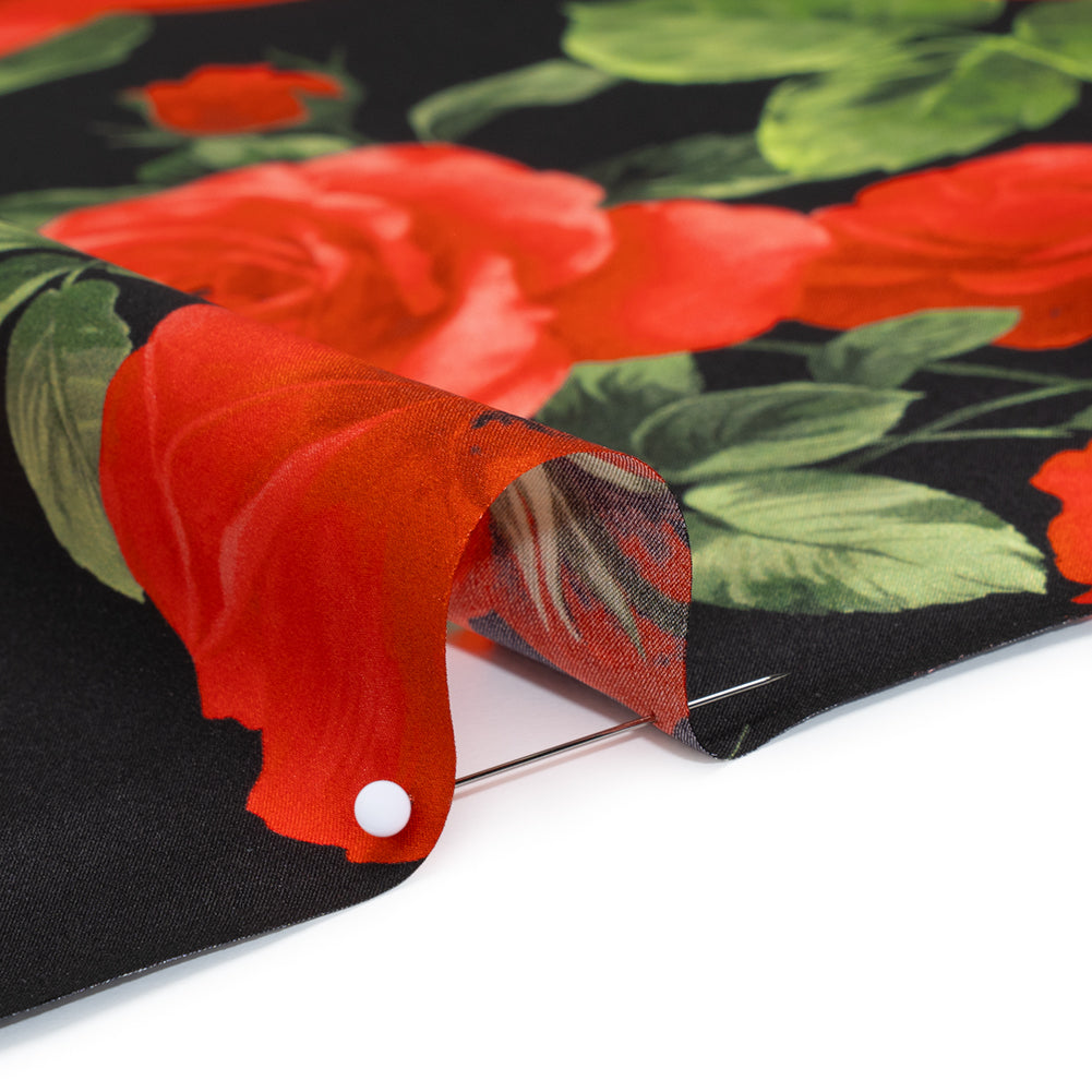 Silk Charmeuse Print 16MM, Made in Italy - Black, Red and Green Bunches of Roses