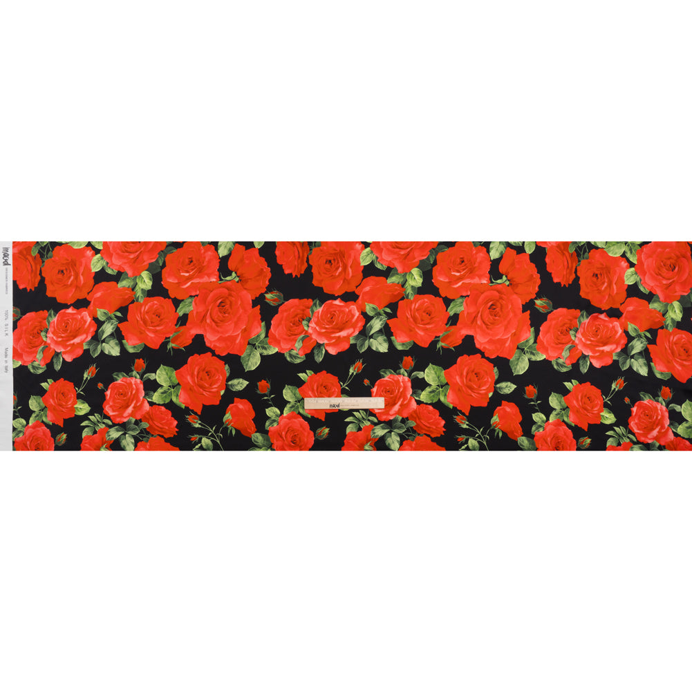 Silk Charmeuse Print 16MM, Made in Italy - Black, Red and Green Bunches of Roses