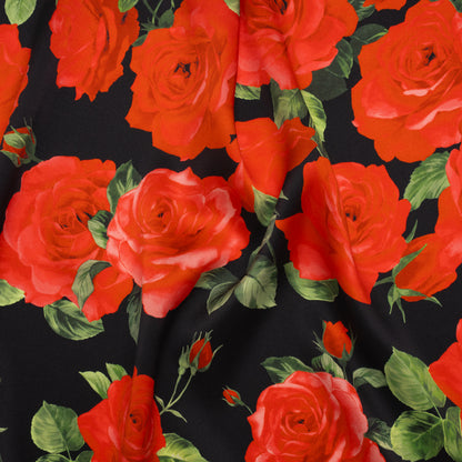 Silk Charmeuse Print 16MM, Made in Italy - Black, Red and Green Bunches of Roses