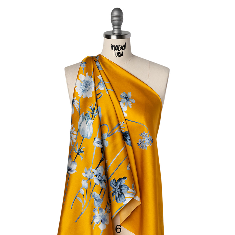 Silk Charmeuse Print 16MM, Made in Italy - Golden Yellow and Blue Floral Border